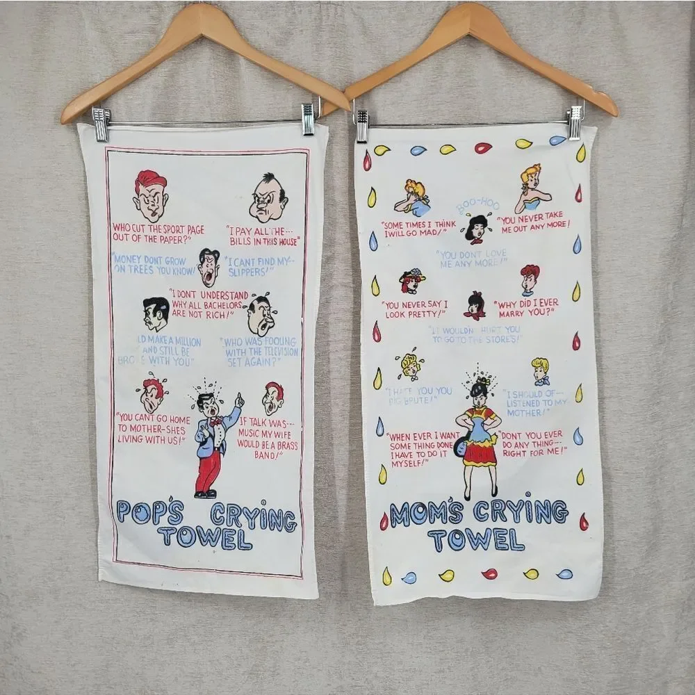 Mom's and Pop's Vintage Crying Towel with Colorful Cartoon Designs